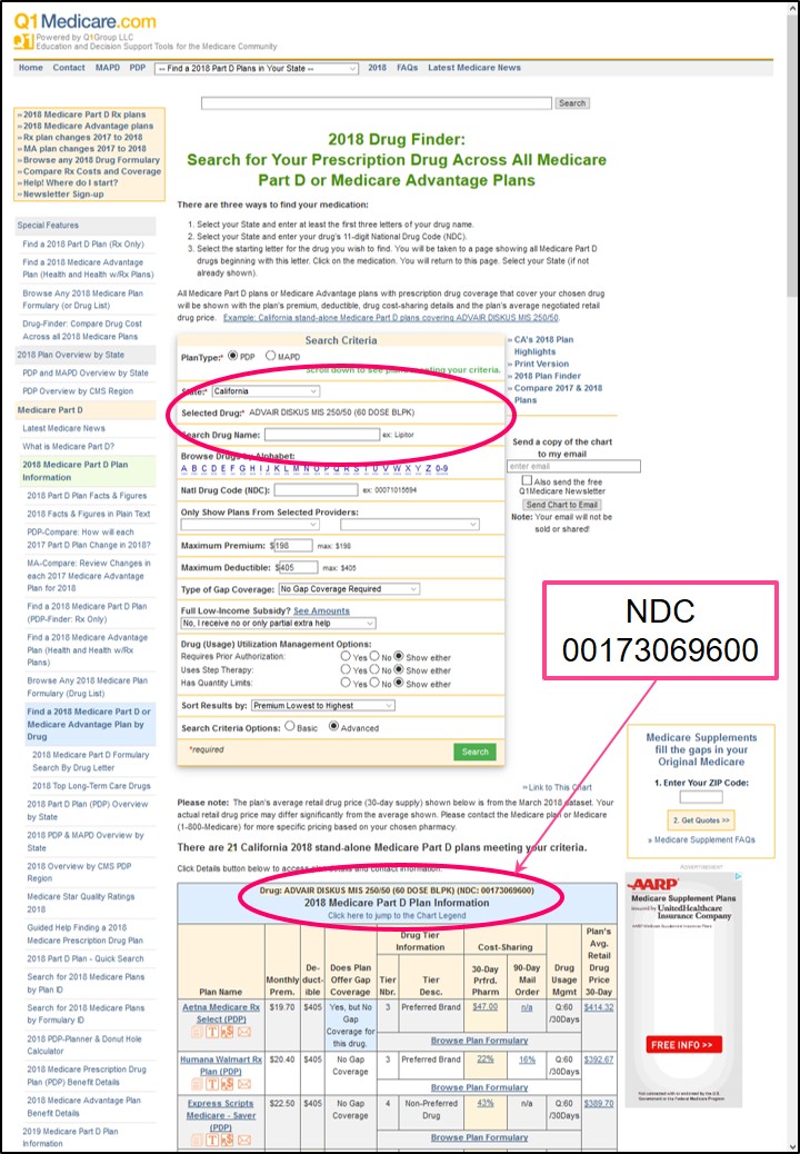 Drug Finder example for NDC 00173069600, ADVAIR DISKUS MIS 250/50 (60 DOSE BLPK)