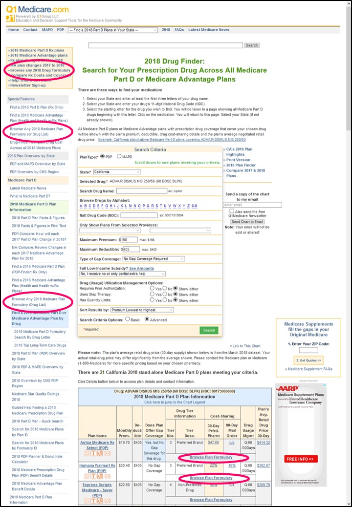 Q1Medicare Formulary Browser links from plan details page