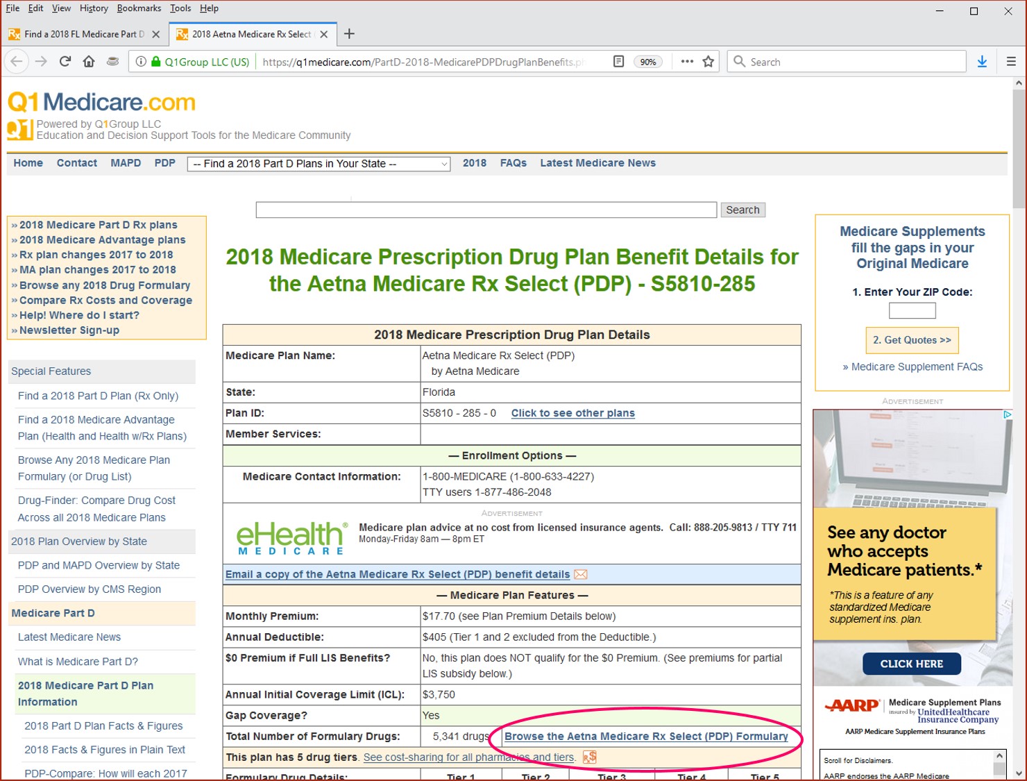 Q1Medicare Formulary Browser links from plan details page