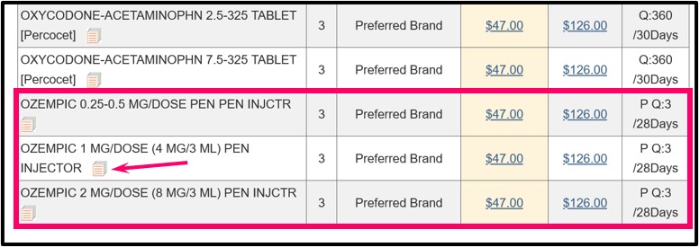 Q1Medicare Formulary Browser showing results for Ozempic