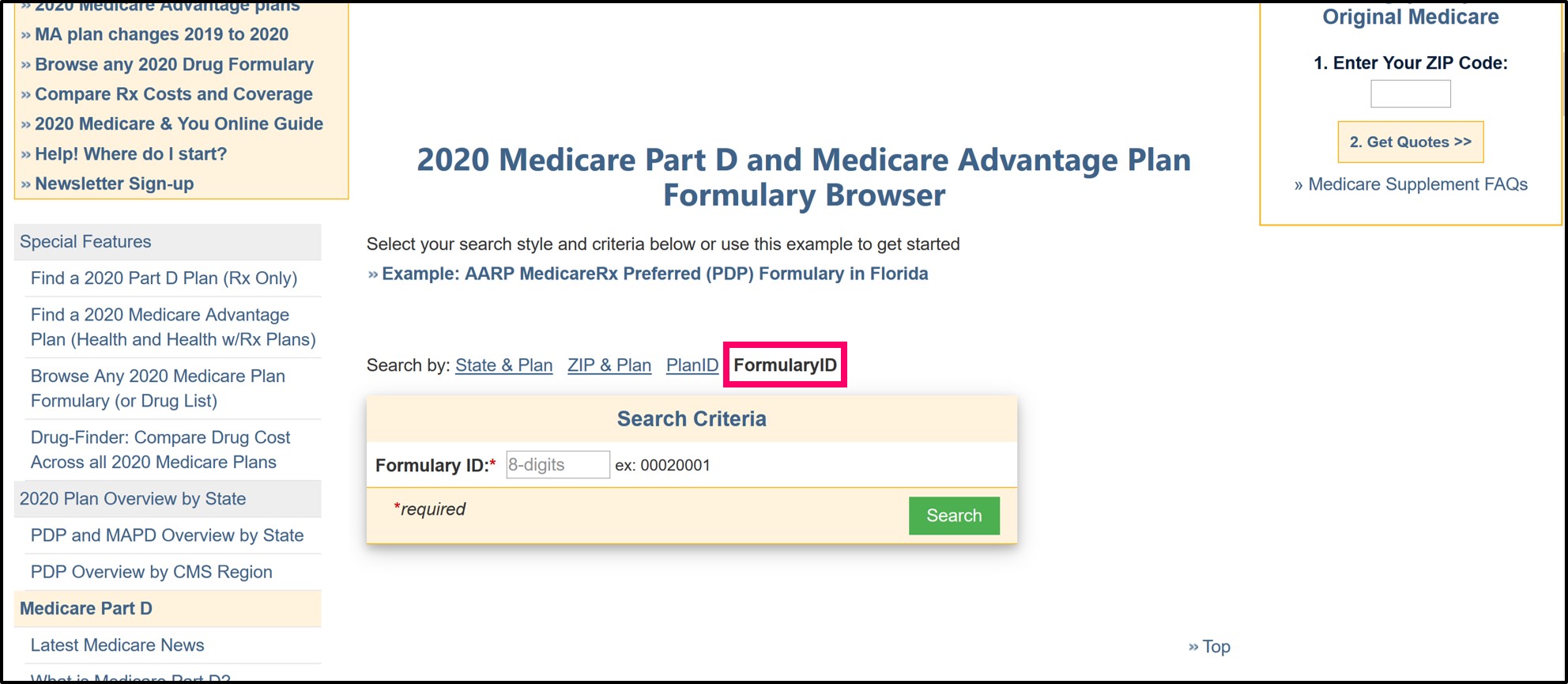 Q1Medicare Formulary Browser Formulary_ID search page