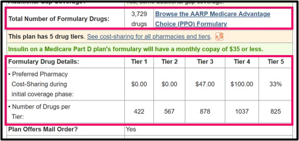 Q1Medicare Medicare Advantage plan details showing number of drugs on each drug tier