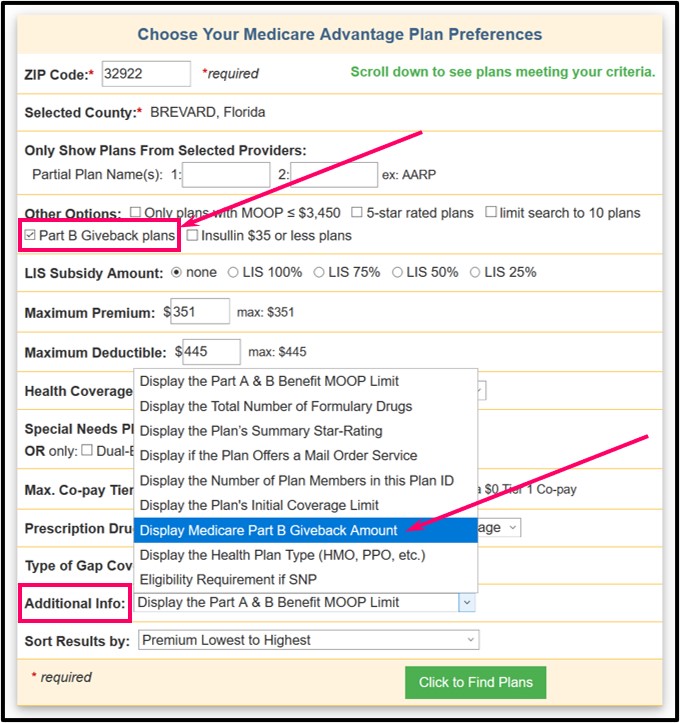 MA-Finder showing an example of looking for a Medicare Advantage plans with a Give Back feature in your ZIP Code or country Service Area