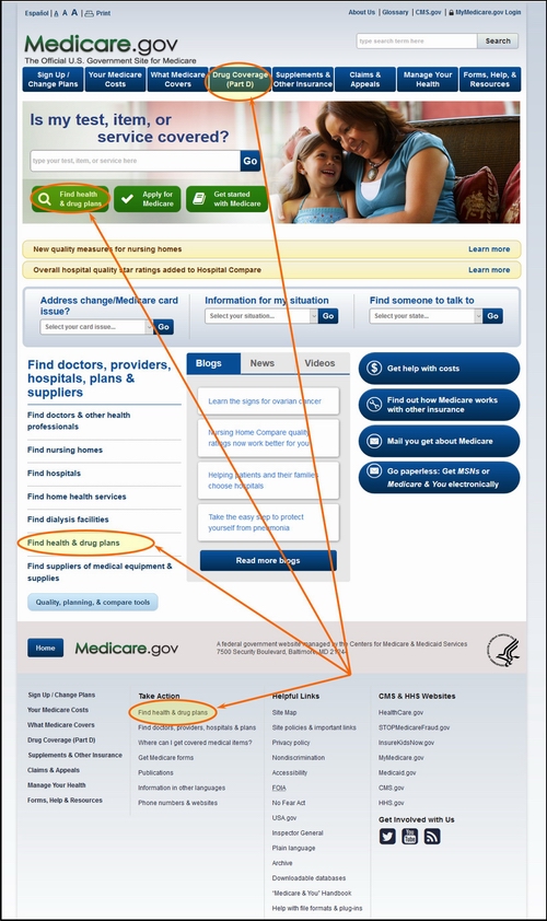Medicare.gov Home Page with a few Highlights of where to begin.