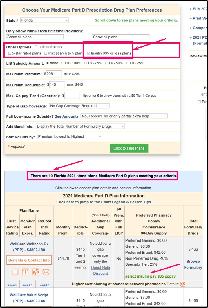 Example of Q1Medicare Plan Finder showing plan covering insulin under SSM