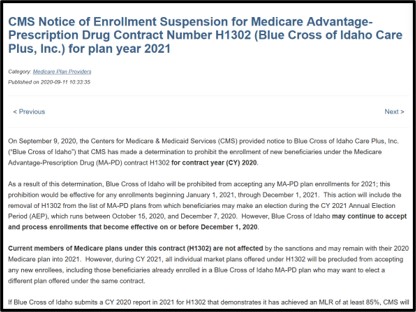 Q1News article with an example of a CMS sanctioned Medicare Advantage plan